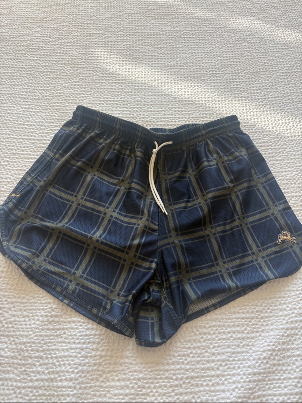 Tracksmith Navy Plaid Athletic Shorts with Drawstring